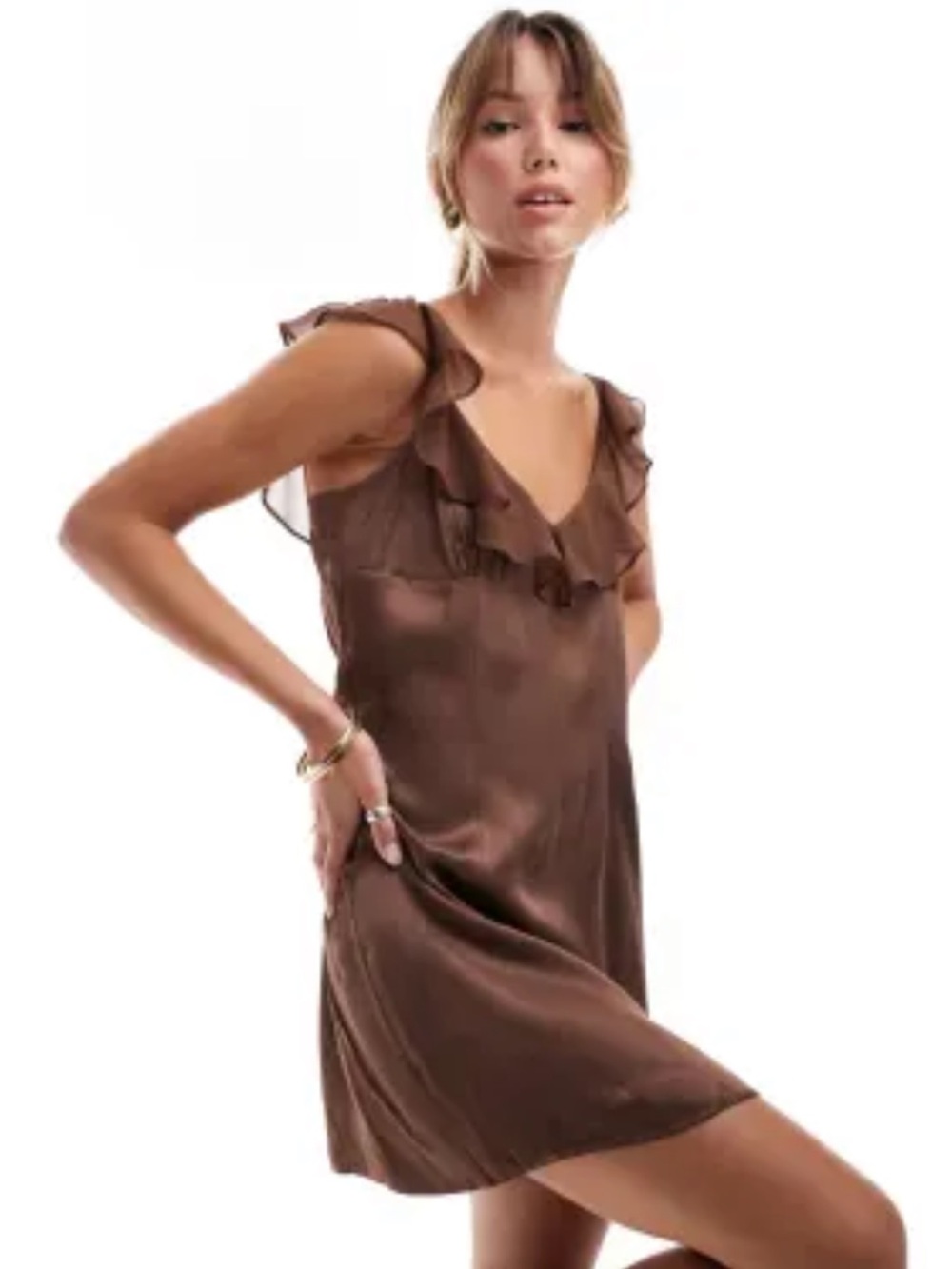 ASOS Brown Satin Ruffle-Trim Mini Dress